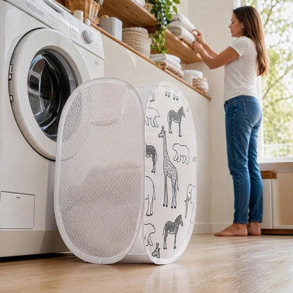 Panier à linge pliable blanc motif animaux