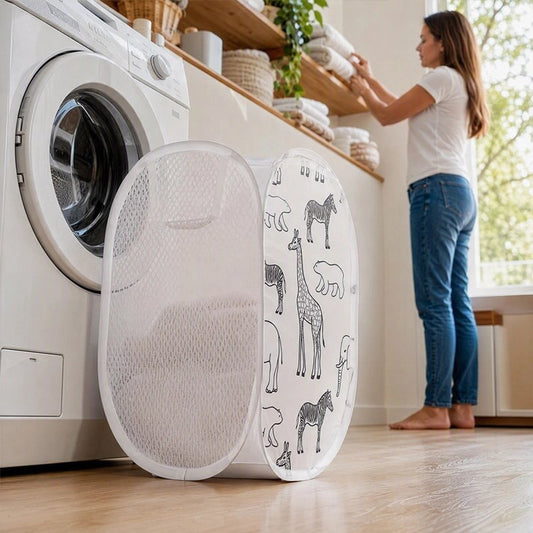 Panier à linge pliable blanc motif animaux