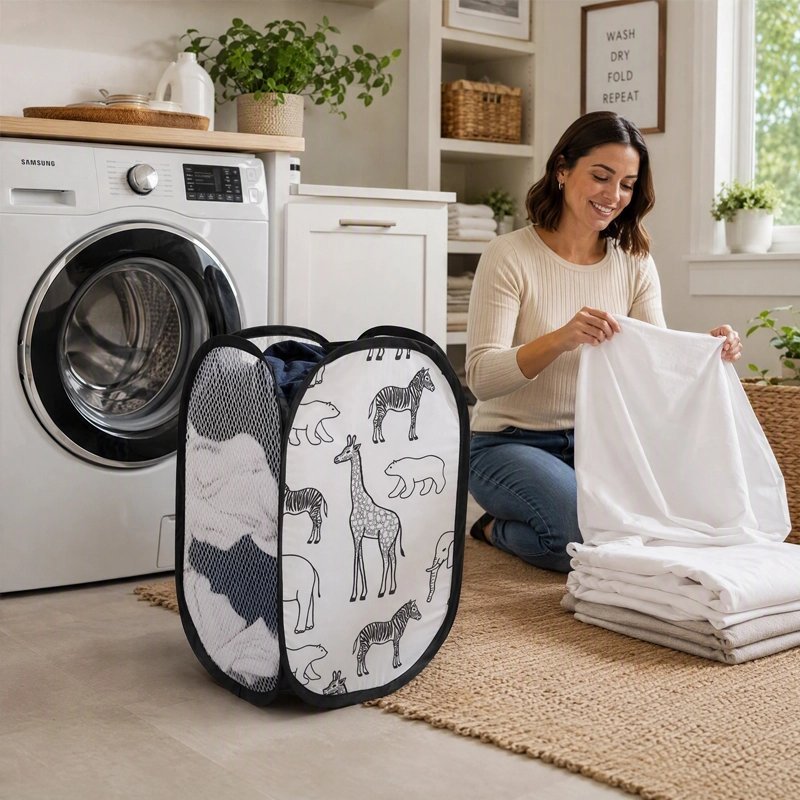 Panier à linge pliable noir motif animaux