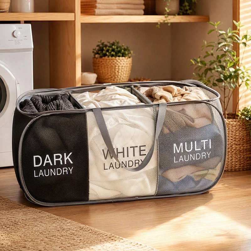 Panier linge pliable à 3 compartiments