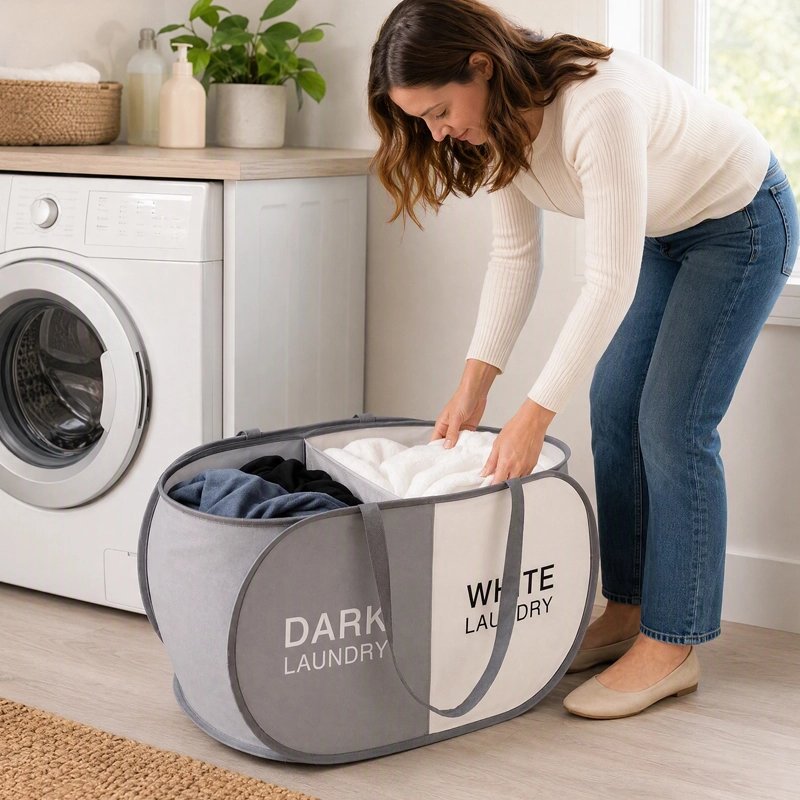 Panier linge pliable gris & blanc