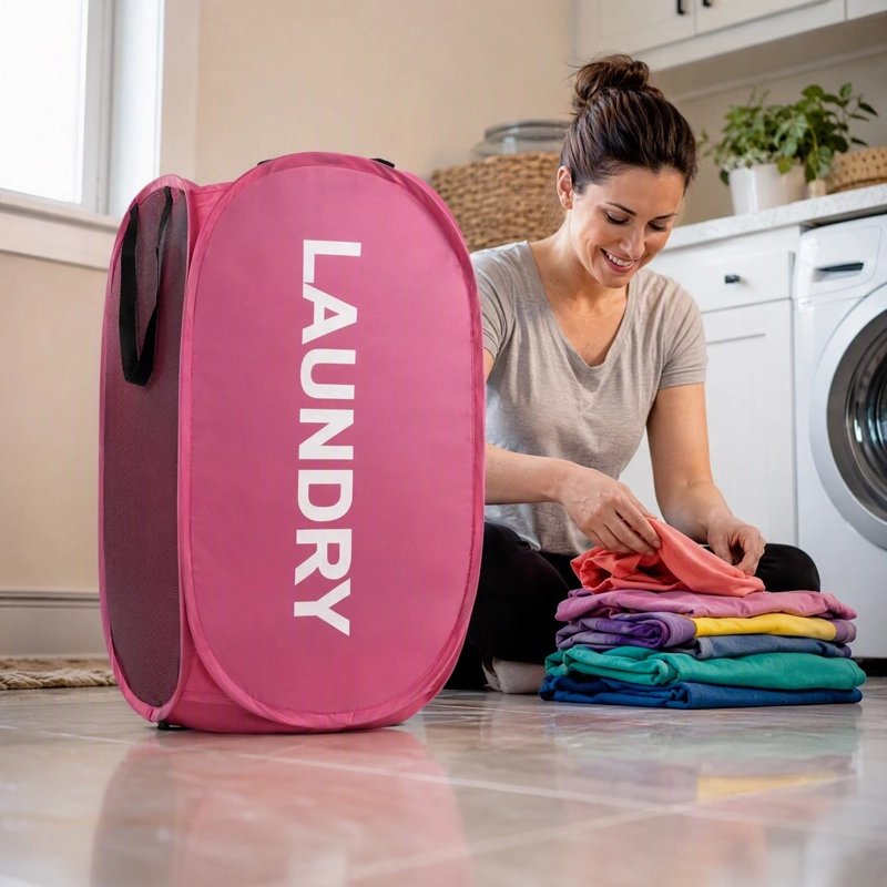 Panier linge pliable rose