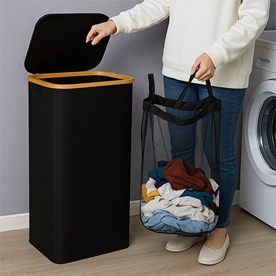 Panier linge sur roulette noir sac amovible